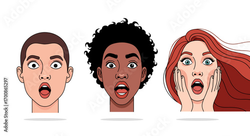 Three cartoon people with surprised expressions on their faces vector