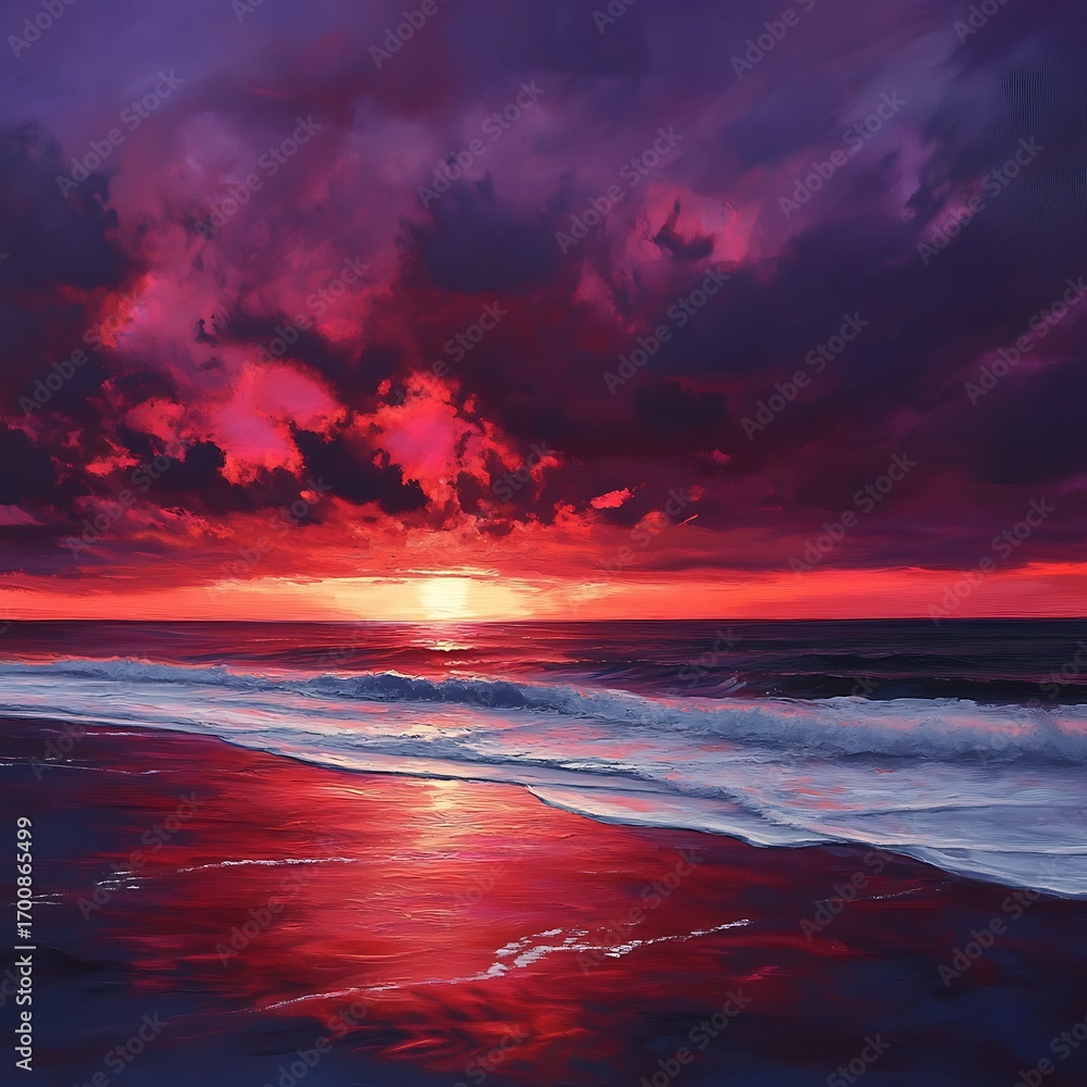 Fototapeta premium Ocean waves glowing under vibrant red painted sky sunset high resolution picture