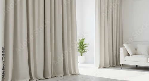 Elegant living room with long beige curtains, a white sofa, and a green plant in a bright, sunlit interior.