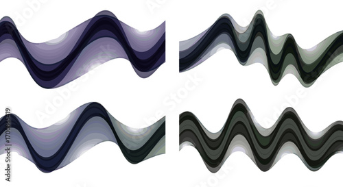 Four abstract wavy patterns in shades of gray and purple on white background