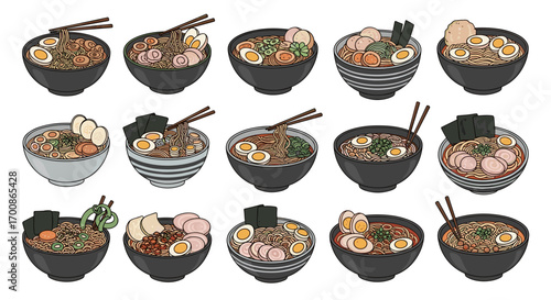 Various bowls of ramen with eggs and toppings displayed together nicely