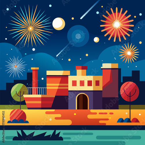 Vibrant nighttime village with stars and fireworks image. Cartoon vector illustration.