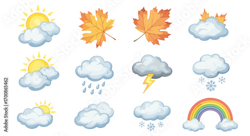 Illustration of weather icons including sun clouds leaves and rainbow