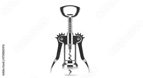 Close up of a silver winged corkscrew with a spiral worm and bottle opener