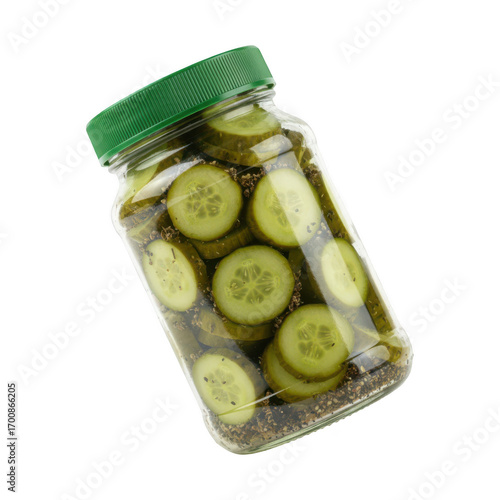 Clear glass jar filled with sliced pickles and green lid isolated against a stark background transparent background