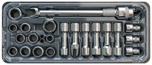 Organized tool set in a gray plastic tray.  Various sockets and ratchets are neatly arranged