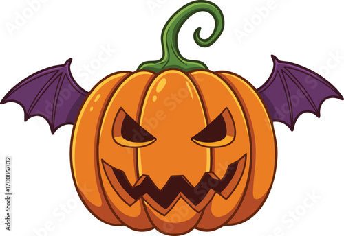 Halloween pumpkin with angry face and bat wings spooky orange jack o lantern vector illustration 
