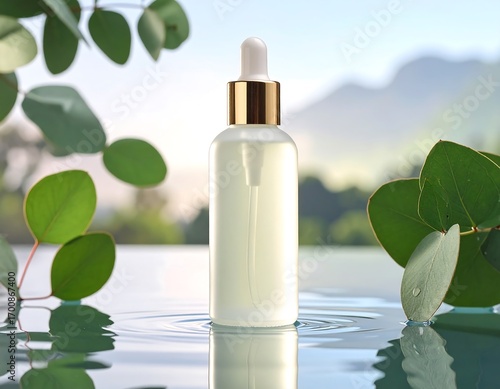 Elegant serum bottle with fresh eucalyptus leaves for organic skincare and beauty wellness campaigns