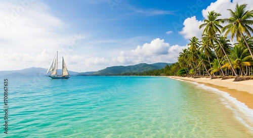 Idyllic Caribbean Seascape with Palm Trees and Sailboat.