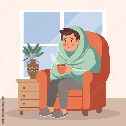 Sick man with a cold wrapped in blanket sitting in the armchair at home. Concept of illness, sickness, cold, flu, fever. Illustration.
