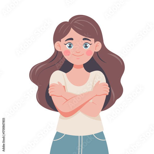 Cute girl with long hair hugging herself. Self love concept. Illustration.