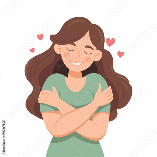 Young woman with closed eyes hugging herself. Self love concept. Love yourself. Cute illustration.