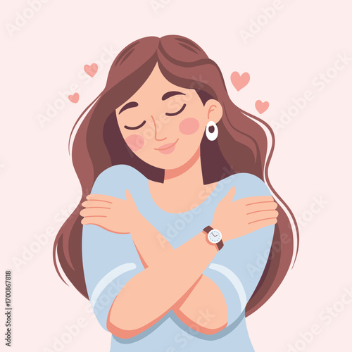 Young woman with closed eyes hugging herself. Self love concept. Love yourself. Cute illustration.