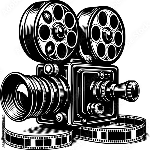 Vintage Camera: A detailed illustration of a classic film camera, showcasing its intricate mechanics and cinematic heritage.