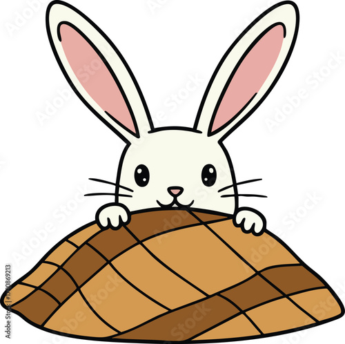 Cute white rabbit peeking from under brown checkered blanket vector illustration with playful expression 
