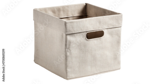 Beige fabric storage cube on white background