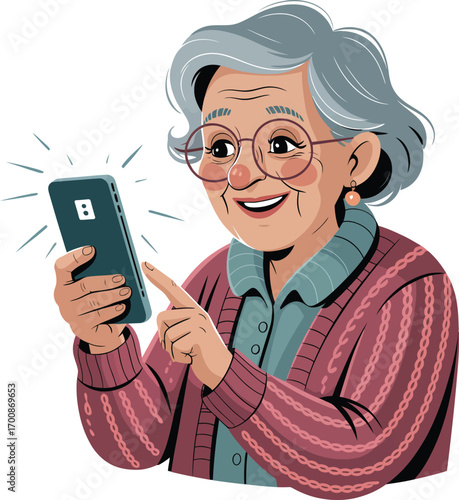 Joyful elderly woman smiling and using a smartphone with digital technology and communication illustration