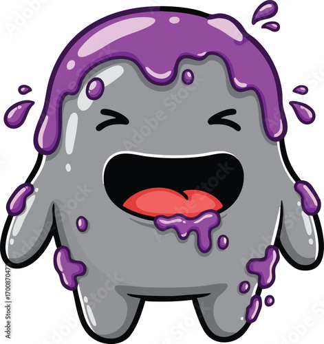 Cute gray cartoon character covered with dripping purple goo in playful expression vector illustration