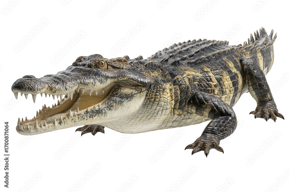 Fototapeta premium Ferocious reptile displays teeth, scales, and powerful jaws against black backdrop
