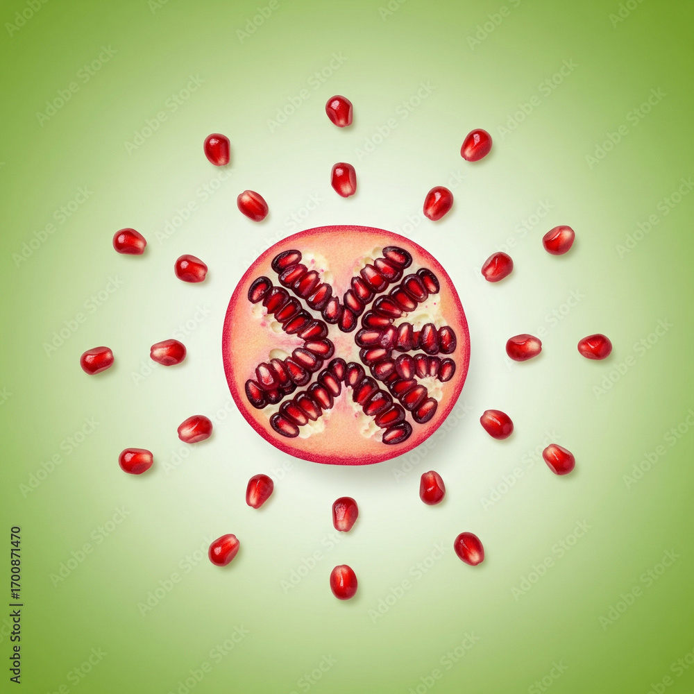 Fototapeta premium Pomegranate Sun: A Half-Cut Fruit with Seeds Radiating on a Green Background