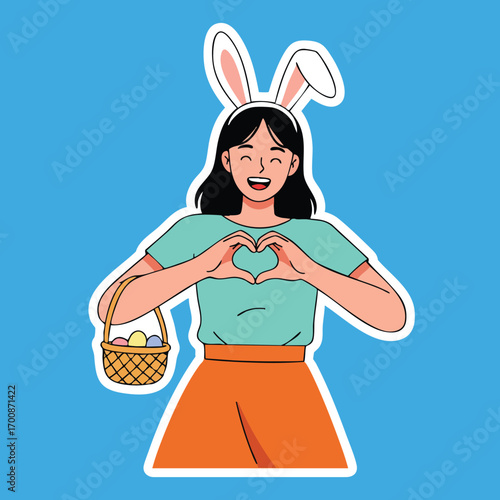 Woman with bunny ears holding basket of Easter eggs in blue background cheerful spring celebration vector illustration 