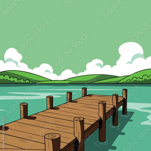Wooden dock extending over calm lake with green hills and white clouds scenic landscape vector illustration 