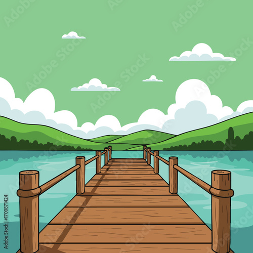 Wooden pier extending over calm lake with green hills and cloudy sky landscape vector illustration 