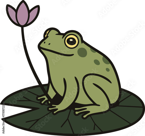 Green frog sitting on lily pad holding pink flower vector illustration with natural pond wildlife elements 