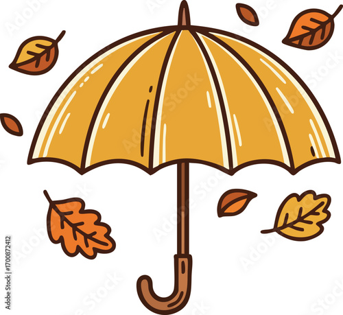 Yellow umbrella with falling autumn leaves seasonal weather protection concept vector illustration 