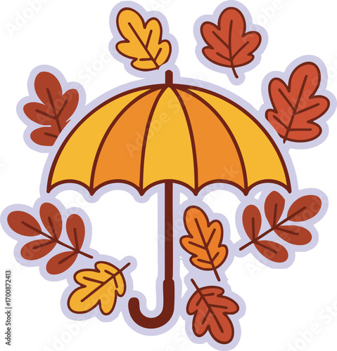 Autumn umbrella with falling orange and brown leaves seasonal vector illustration design 