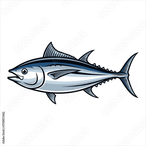 Vibrant Tuna Fish Illustration Detailed Fin Anatomy Distinct Markings and Streamlined Body Showcasing Marine Wildlife and Artistic Representation