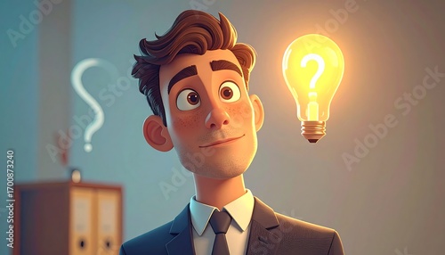 A cartoon man in a suit contemplates a glowing lightbulb with a question mark, showcasing a thoughtful and inquisitive mood.