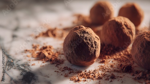 Delicious chocolate truffles dusted with cocoa powder on a marble surface, closeup shot