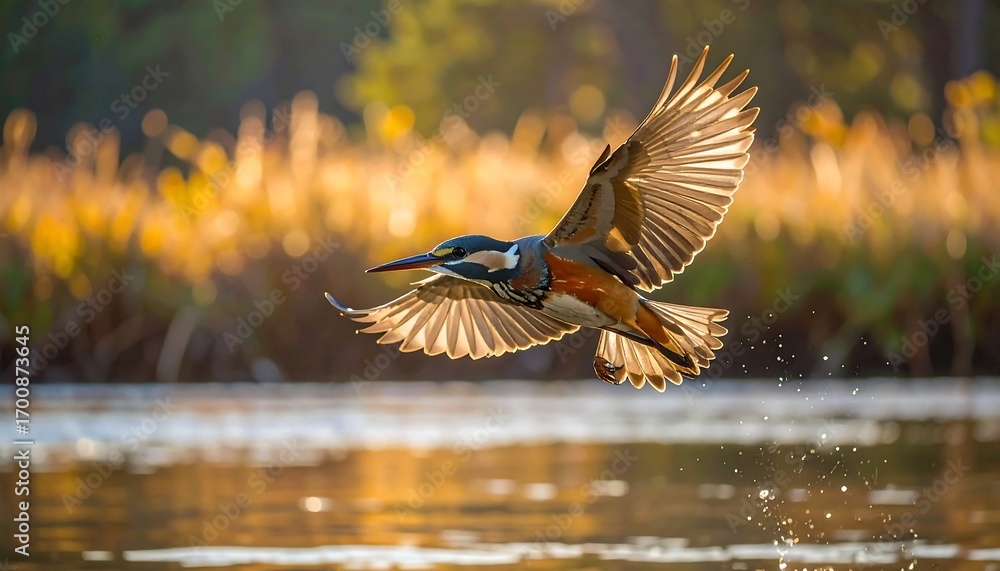 Fototapeta premium A kingfisher soars gracefully through a golden light, wings spread wide against a tranquil water setting.