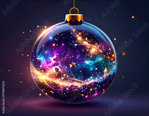 Cosmic Glass Christmas Ornament with Swirling Nebula and Golden Accents