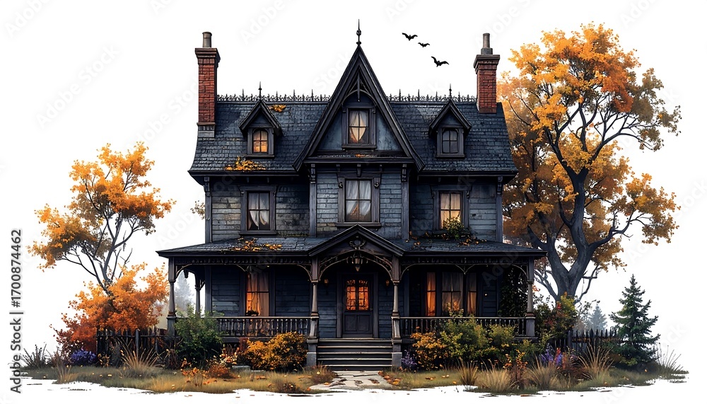 Fototapeta premium An autumnal, dark, and mysterious old home, framed by fall foliage, bathed in the soft light of twilight, stands sentinel against a white background.