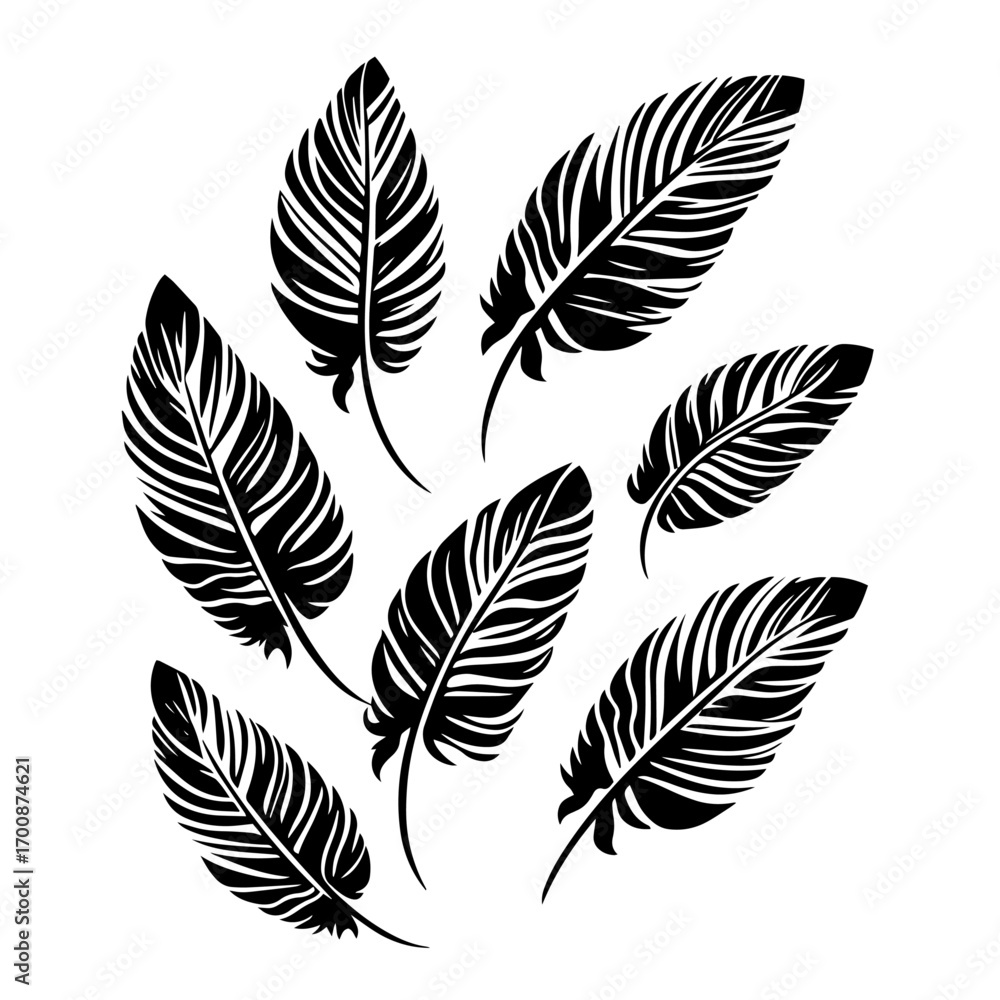 Obraz premium Set of falling tropical feathers silhouette, elegant botanical plumage collection vector illustration