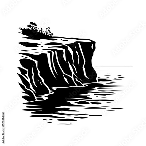 Rocky sea cliff silhouette with calm water reflection, dramatic coastal landscape vector illustration