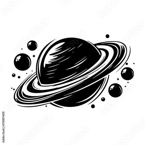 Ringed planet silhouette with orbiting moons and cosmic dust, dynamic outer space vector illustration