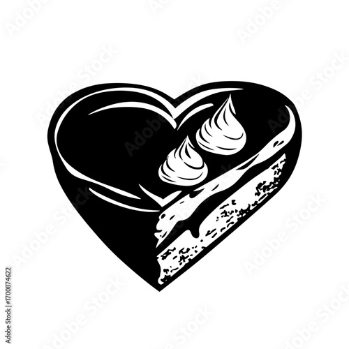Chocolate heart cake slice silhouette with creamy topping, sweet romantic dessert vector icon illustration