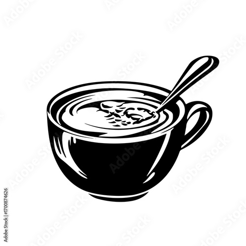 Hot tea cup silhouette with spoon and aromatic steam swirl, cozy cafe beverage vector illustration