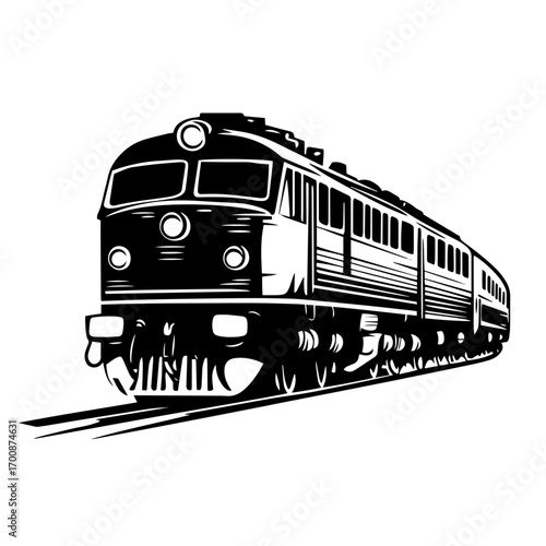 Vintage diesel locomotive silhouette speeding along railway track, dynamic transportation vector icon