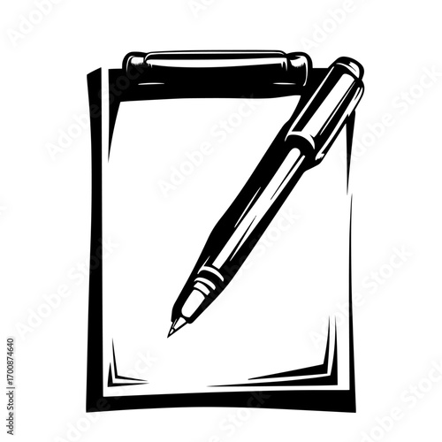 Clipboard and ballpoint pen silhouette for checklist and office paperwork, versatile stationery vector icon illustration