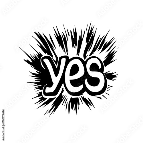 YES comic explosion silhouette with bold lettering and dynamic burst lines, energetic pop-art speech bubble vector illustration icon