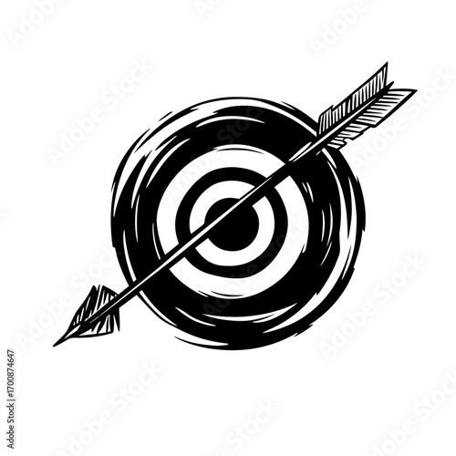 Archery target silhouette pierced by arrow bullseye, precision goal success vector illustration icon