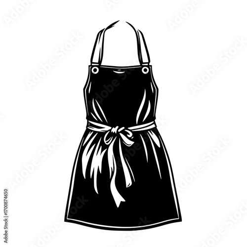 Stylish cooking apron silhouette with tied ribbon bow, classic kitchen chef garment and home baking uniform vector illustration icon