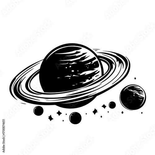 Stylized ringed planet silhouette with orbiting satellites, cosmic space exploration vector illustration icon