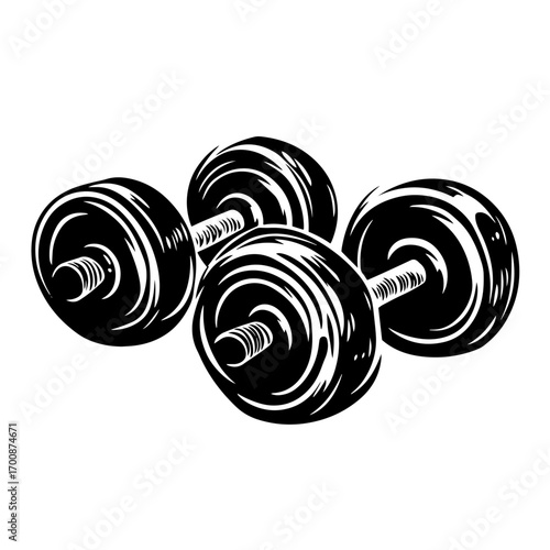 Pair of heavy dumbbells silhouette for gym fitness training, strength workout equipment vector icon