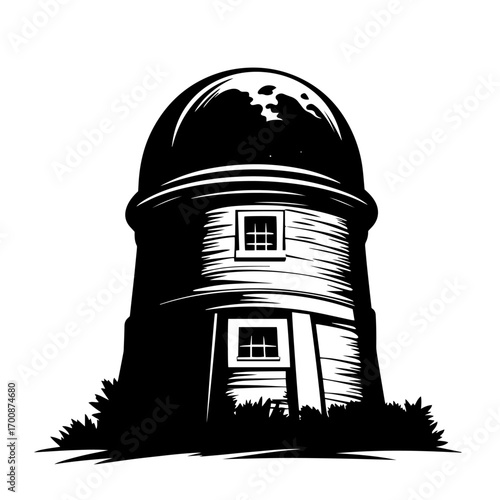 Old stone observatory tower silhouette with domed roof and moon, astronomical telescope building vector illustration