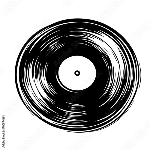 Retro vinyl record disc silhouette with concentric grooves, classic music album vector illustration icon